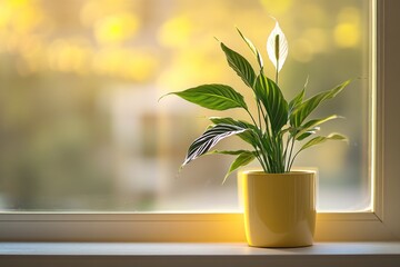 Poster - Potted peace lily on window sill with blurred background.