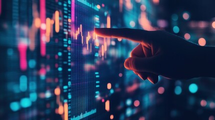 Fototapete - Hand points to digital stock chart with glowing lights.