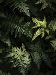 Aufkleber - Ferns fill the frame, deep greens and moody light.