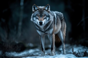 Aufkleber - Wolf standing at night in snow, looking forward.