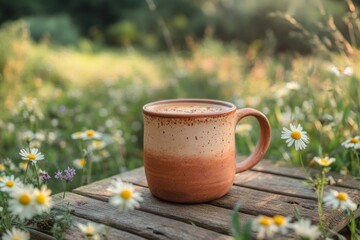 Aufkleber - Coffee mug sits on wood table in sunlit meadow.