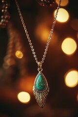 Poster - Teardrop turquoise pendant on chain with bokeh.