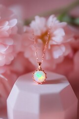Aufkleber - Rose gold necklace with opal stone on display with floral background.