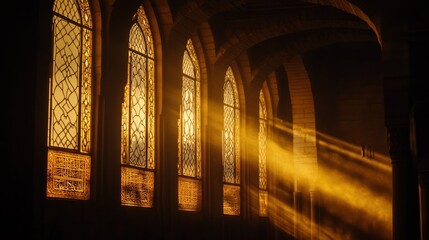 Aufkleber - Sunbeams stream through tall, arched windows in dark stone hall.