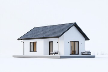 Poster - Modern white house with dark roof, minimalist design.