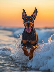 Aufkleber - Doberman running in waves at sunset.