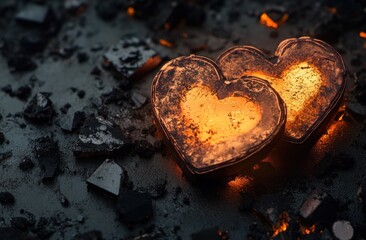 Poster - Two glowing hearts on dark, rocky surface.