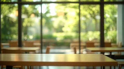 Poster - Blurry view of tables and chairs in bright room.