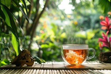 Poster - Steaming floral tea in glass cup with greenery.
