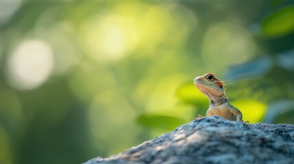 Aufkleber - Lizard perched on rock looking up against blurred green foliage.
