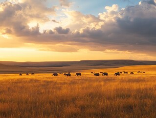 Aufkleber - Elephants graze on golden savanna during sunset with clouded skies.