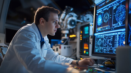  - scientist working intensely on advanced data analysis in a high-tech lab environment during nighttim