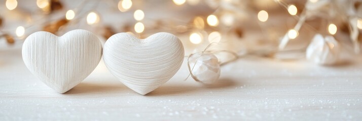 Poster - Two white heart decorations with string lights on blurry background.