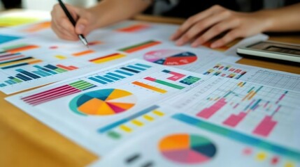 Poster - Person analyzing colorful graphs with pen.