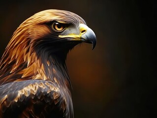 Poster - Majestic golden eagle head profile with sharp gaze against dark background.