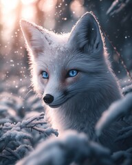Poster - White fox with blue eyes in snowy forest.