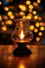 Poster - Lit candle inside glass holder with blurry lights background.