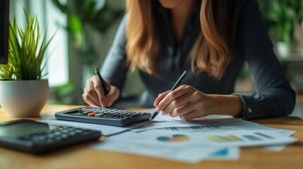 Poster - Woman calculating financial documents on a desk.