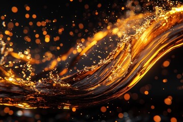 Poster - Amber liquid with splash and bokeh.