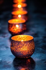 Poster - Lit votive candles in row on dark surface with warm light.