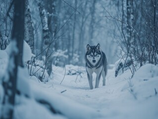 Aufkleber - Majestic wolf in snowy forest, winter scene.
