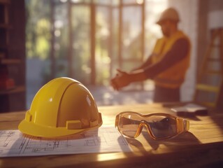 Poster - Construction worker at work, safety gear and blueprints in foreground.