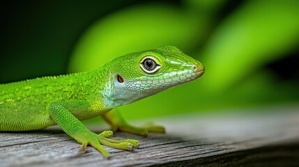 Poster - Green anole lizard on wood, shallow depth.