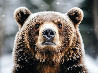 Aufkleber - Close-up of brown bear face covered with snowflakes.