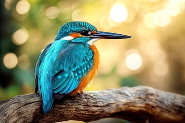 Poster - Kingfisher perches on branch against blurred sunlit background.