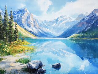 Wall Mural - a painting of a mountain lake with a blue sky in the background