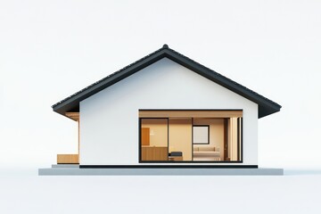 Poster - Minimalist white house facade, glass doors reveal lit interiors.