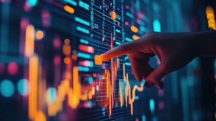 Fototapete - Hand interacts with illuminated data charts on screen.