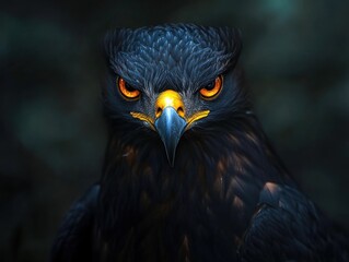 Aufkleber - Intense black eagle portrait with glowing orange eyes.