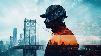 Poster - Double exposure of worker with city bridge background.