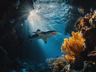 Poster - Shark swims through sunlit coral reef, underwater.