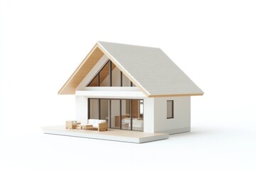 Poster - Modern small house with white exterior and wooden accents on deck.
