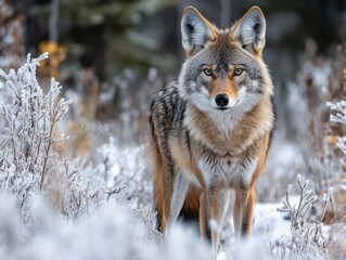 Poster - Coyote stands amidst frosty, winter brush, looking directly forward.