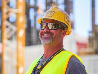 Poster - Smiling man in hard hat and vest at construction site.