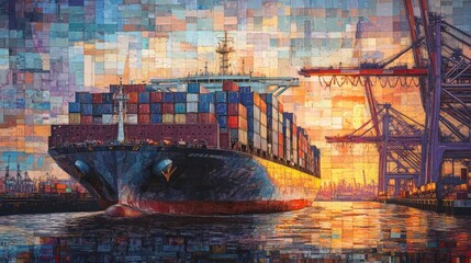 Poster - Cargo ship docks at port, mosaic art style.