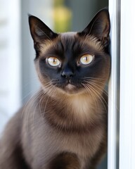 Poster - Brown cat with yellow eyes looking forward through doorway.
