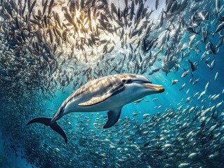 Poster - Dolphin swimming through a school of fish in underwater.