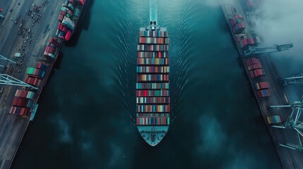 Aufkleber - Container ship moving down a channel.