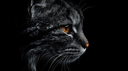 Poster - Close-up of a tabby cat with piercing orange eyes against black.