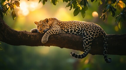 Poster - Leopard rests on a tree branch at golden hour.