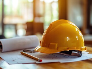 Aufkleber - Hardhat, pencil and blueprints on a wooden table.