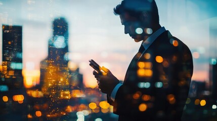 Aufkleber - Businessman uses phone at night, city lights visible.