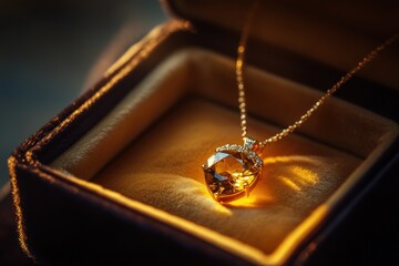 Poster - Golden necklace with gem in velvet box.