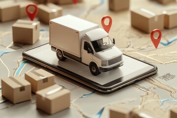 Poster - Delivery truck on phone, map and boxes.