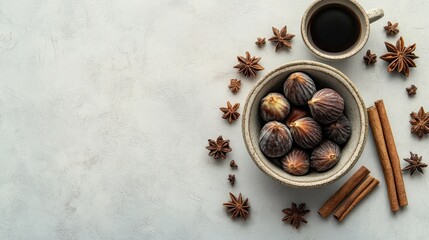 Poster - Figs, star anise, cinnamon sticks, and coffee on a neutral surface.