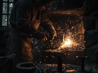 Poster - Blacksmith hammering metal with sparks flying in forge.